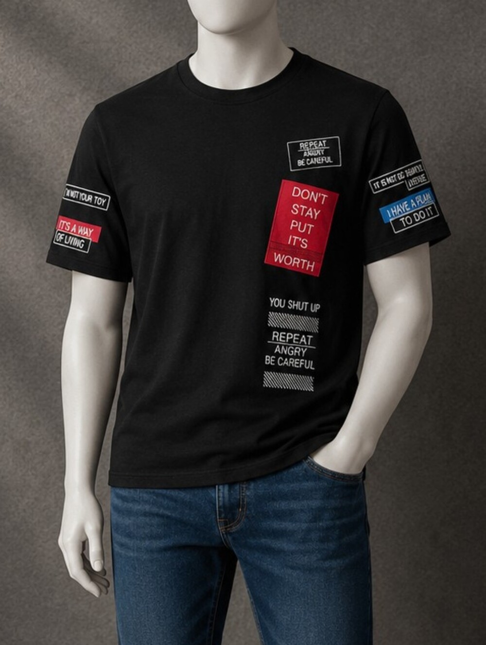 Men’s Medium Black Graphic T-Shirt Streetwear Text Print Short Sleeve Tee Statem